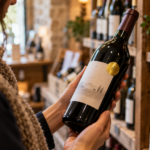 Une personne examine la médaille dorée apposée sur l'étiquette d'une bouteille de vin dans une cave.