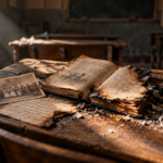 Livre ancien aux pages brûlées, photographie et lettre manuscrite sur un pupitre d'école couvert de cendres.